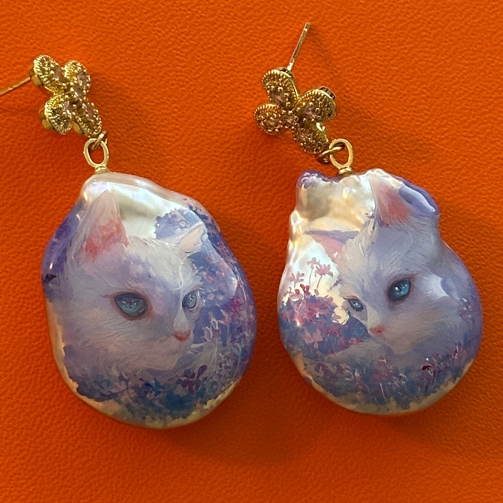 Unique Hand-Drawn Earrings, Cats In Purple Flowers